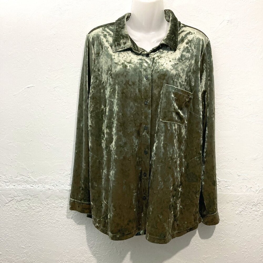 BELLE Kim Gravel OLIVE GREEN Soft Velvet Button down Shirt QVC Night out Y2K L